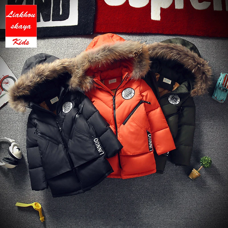 

Liakhouskaya 2018 New Fashion Children Boy Kid Winter Hooded Jacket Coat Kids Warm Thick Fur Collar Long Down Coat For Age 5-17