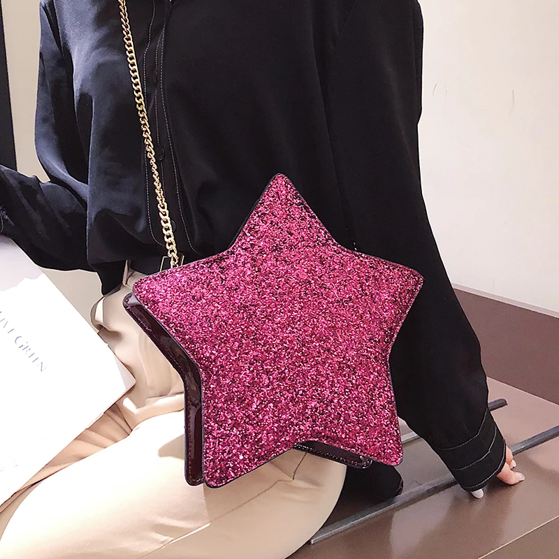 Sequins Stars Style Pu Leather Fashion Casual Ladies Chain Purse Shoulder Bag Tote Crossbody Mini Bag Female Bolsa Handbag Flap