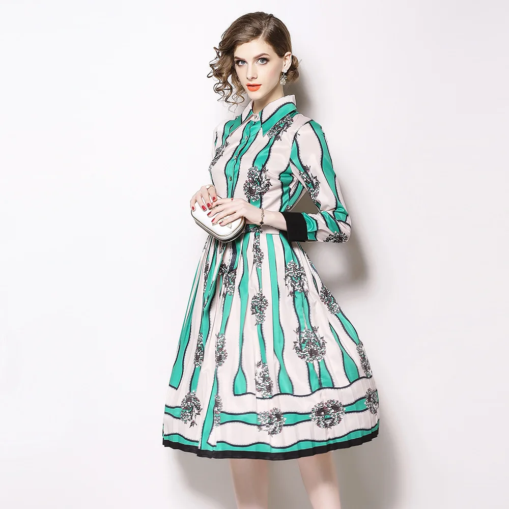 Printed Contrast Stripe Bow Pleated Slim Fit Dress Female Christmas ...