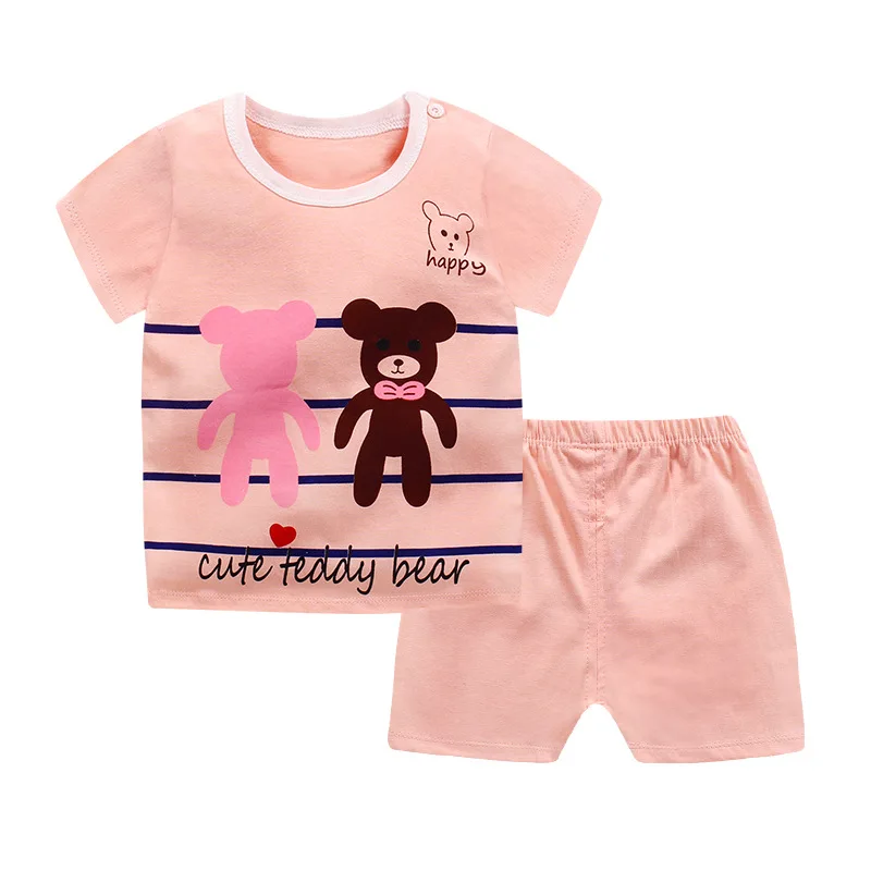 Комплект летней детской одежды, хлопковый комплект одежды с короткими рукавами для малышей, боди для маленьких мальчиков и девочек, комплект детской одежды с героями мультфильмов - Цвет: Розовый
