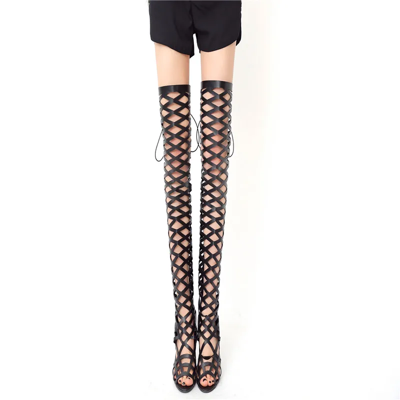 

woman summer boots basic over the knee super high thin heels peep toe sexy party zip cross-tied 20%off free shipping 2017 new ho