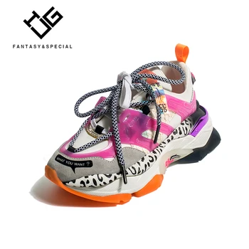

IGU Plateforme Sneakers Women 2019 Leopard Genuine Leather High Platform Vulcanized Shoes Sneakers Running Outdoor Dad Shoes