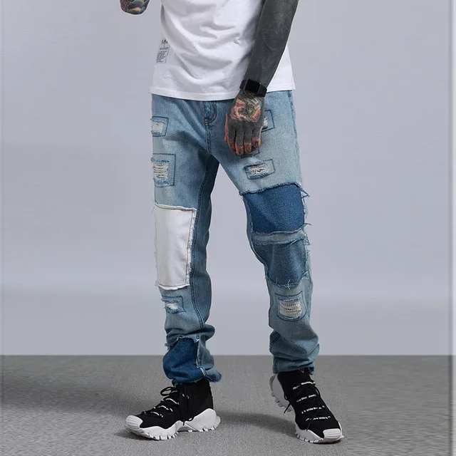 

New Summer Men's Rock Faded Jeans Men Patchwork Denim Jeans Frayed Straight Leg Pants Mens Blue Ripped Jeans Trousers