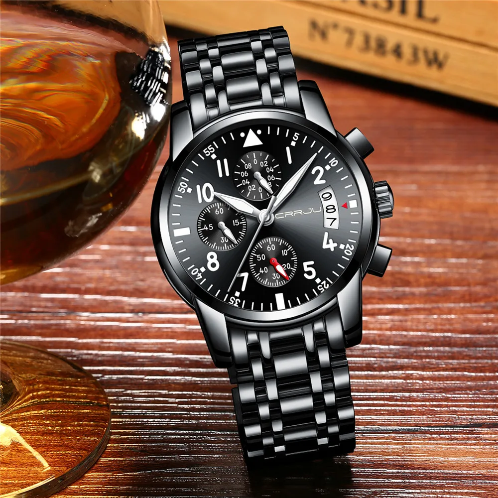 CRRJU Sport Watch Men Stainless Steel Band Quartz Military Casual Watches Men's Chronograph Calenda