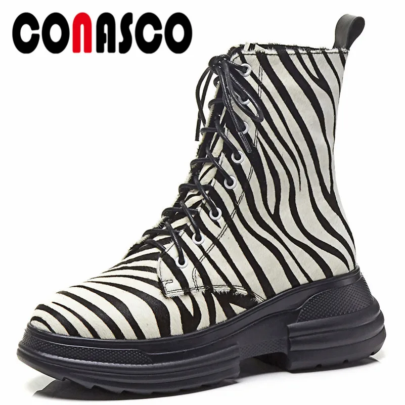 

CONASCO Fashion Brand Women Ankle Boots High Quality Horsehair Corss-tied Short Basic Boots Ladies Motorcycle Boots Shoes Woman