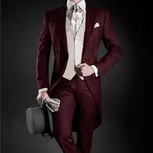Утренний стиль, смокинги для жениха, пиковые лацканы, мужской костюм, бордовый Жених/Лучший человек, Свадебные/вечерние костюмы(пиджак+ брюки+ галстук+ жилет