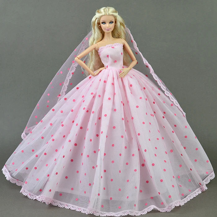 Платье+ вуаль/Розовое Кружевное платье в горошек/наряд для свадебной вечеринки, одежда для 1/6 куклы Барби Синьи кюрн