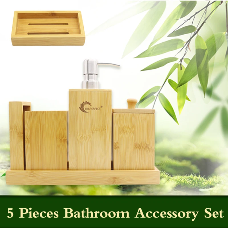 DR.PERFECT Bamboo Bathroom Accessories Set Bamboo Refillable Bottles