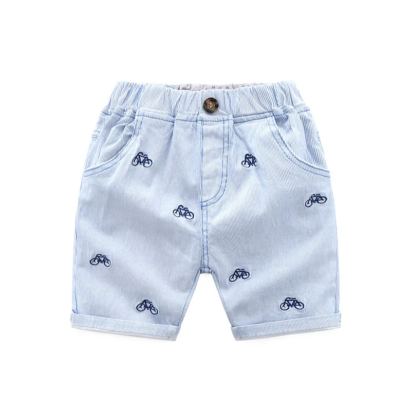 DE PEACH/Летние повседневные шорты в полоску для маленьких мальчиков; детские свободные штаны с вышивкой в виде велосипеда; Детские хлопковые брюки до колена - Цвет: Синий