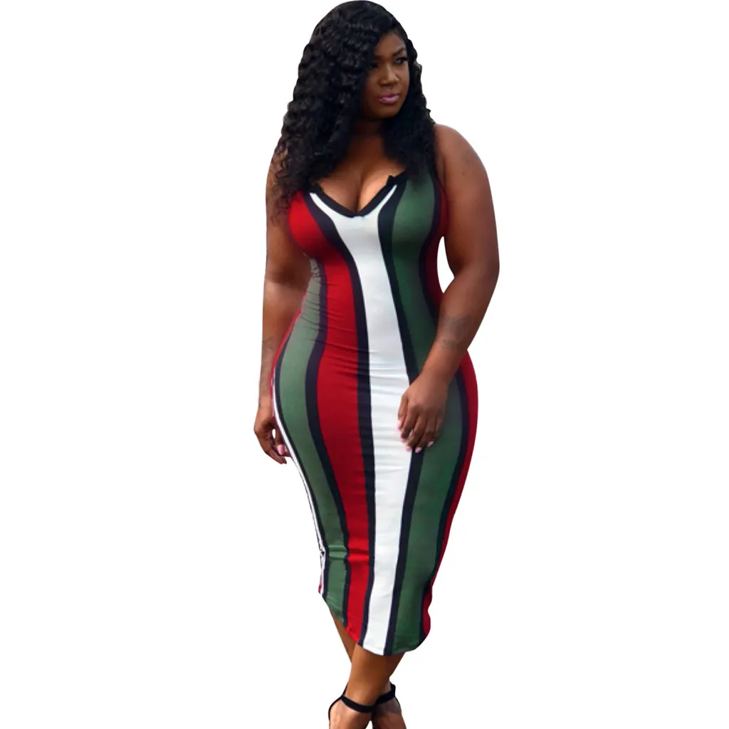 

Summer Womens Bodycon Dress Ladies Casual Striped Sexy V-Neck Sleeveless MId-Calf Party Dress Plus Size vestidos de fiesta 2019