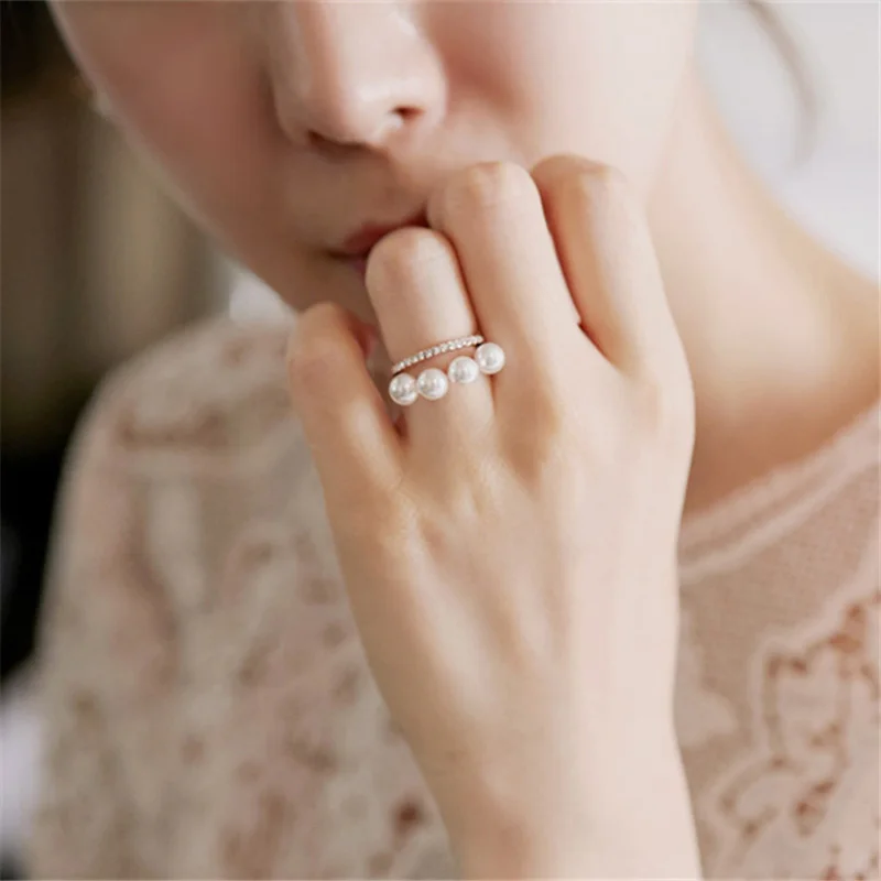 Korean Elegant Pearl Shining Double Three dimensional Index Finger Ring