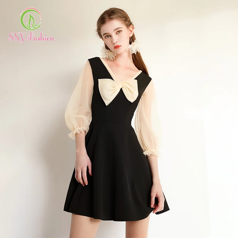 SSYfashion v образный вырез бант молния сзади 3/4 рукава выше колена мини чёрное