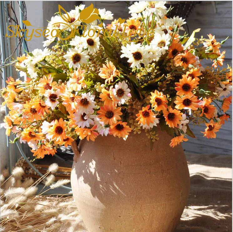 Artificial flower 15 head Daisy bouquet High-end artificial flowers Decorative Photography Silk cloth Sun | Дом и сад