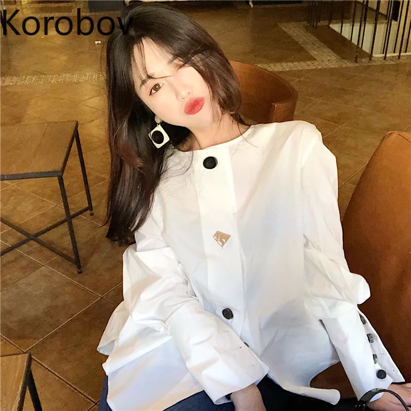

Korobov Korean Long Sleeve O-Neck Women Blouse 2019 New Arrival Vintage Button Shirts Elegant Casual Female White Blusas 77224