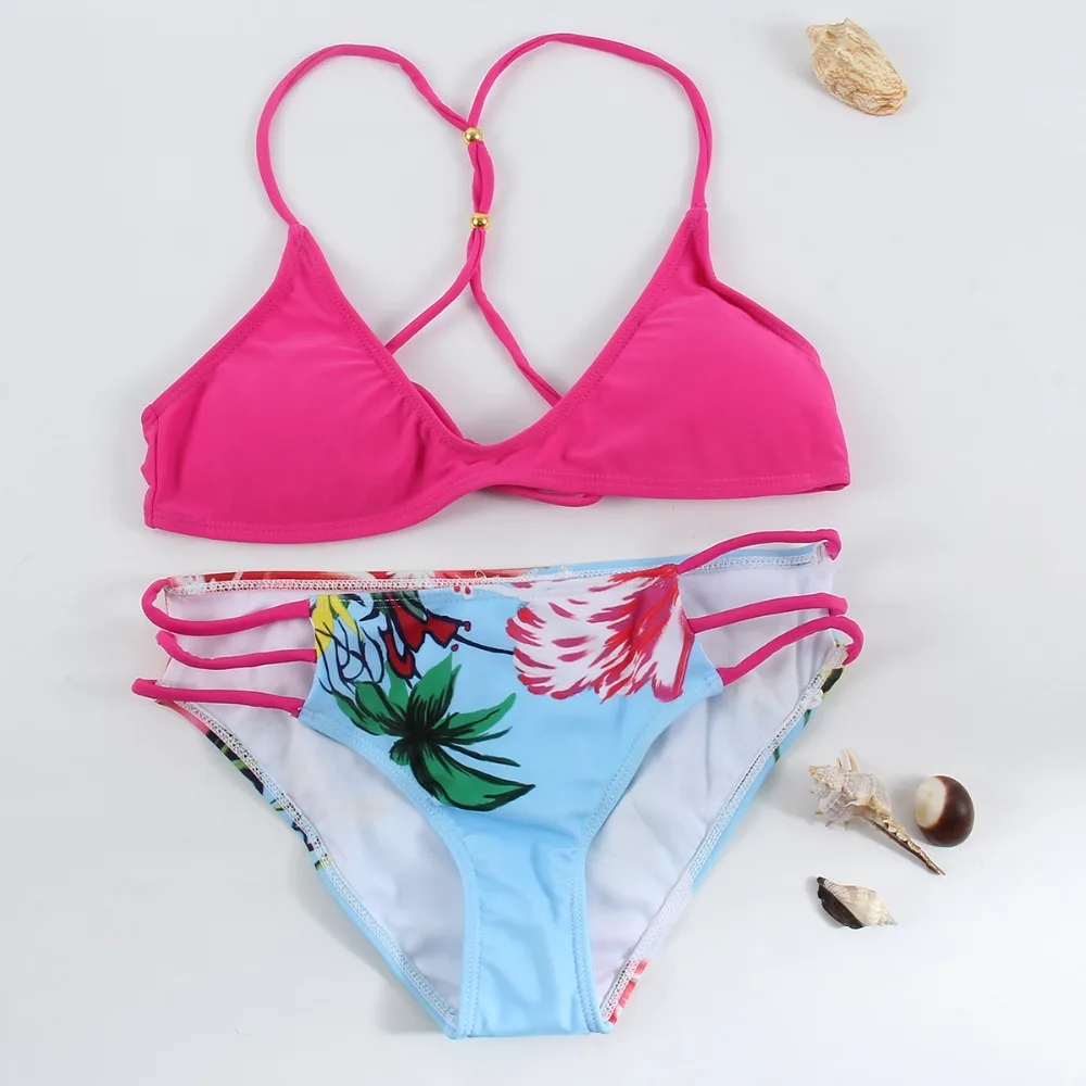

2018 Sexy Women Pink Top Blue Print Padded Bra Triangle Bikini Set Swimsuit Bathing Suit Women Monokini