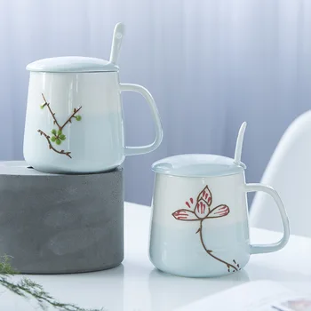 

Hand painted underglaze ceramic mug with spoon lid,ceramic cup breakfast cups,Couples Mug Coffee Water mugs Juice Lemon Cup