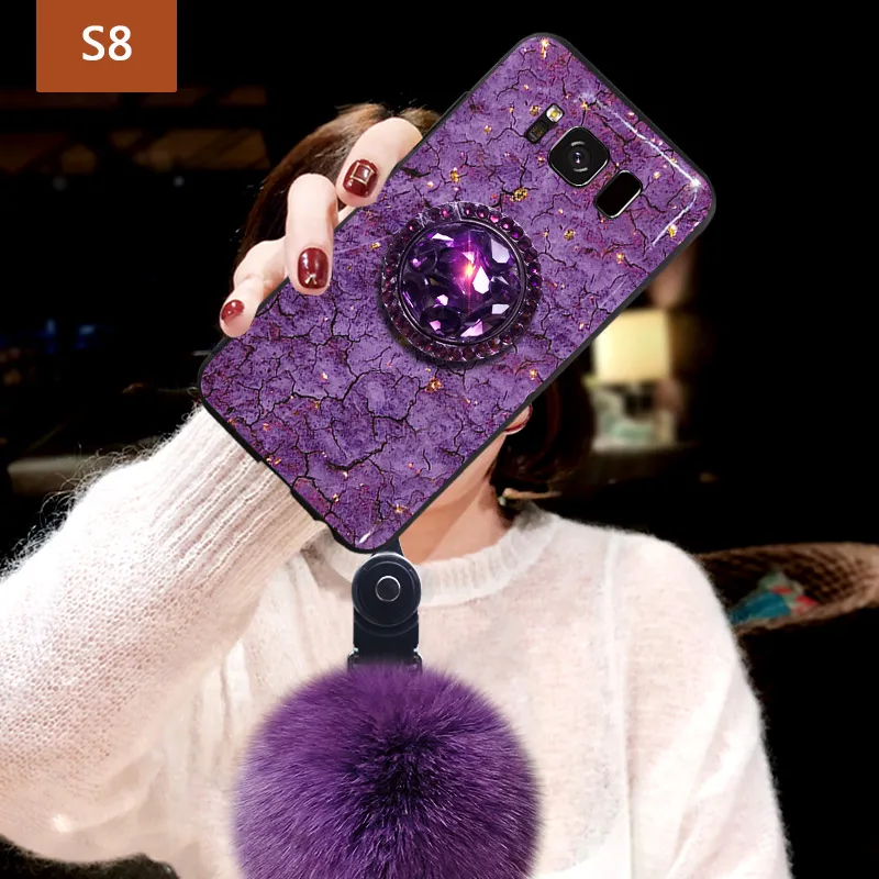 Роскошный натуральный мех чехол держатель для samsung Galaxy S8 S9 Plus драгоценный камень