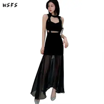 

Summer Chiffon Dresses Black Spaghetti Strap Hollow Out Womens Long Dress Ladies Club Bandage Sexy Party Midi Mermaid Wrap Dress