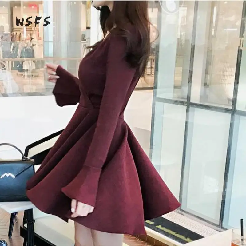 Женское платье с V образным вырезом длинным Расклешенным рукавом|sexy party|dress womenred