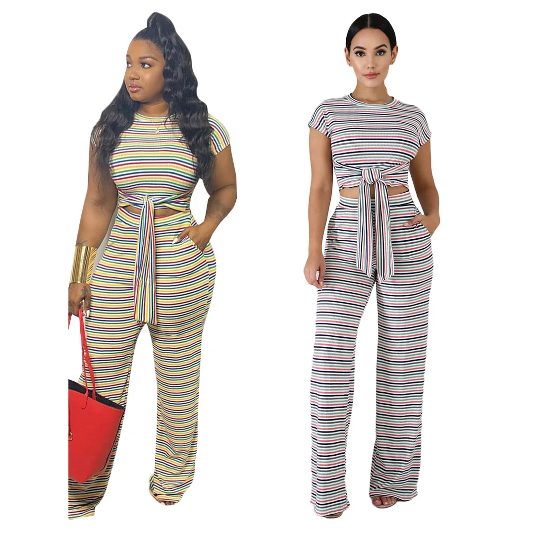 

2019 Summer New Women's Casual Suit Streetwear Rainbow Stripes 2 Sets Of Short Sleeves + Pants Women's Suit
