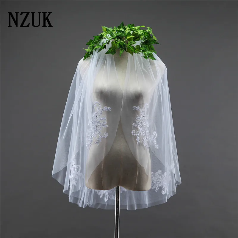 NZUK новые двухслойные Стразы, кружевная кромка, короткая свадебная фата с гребнем, 2 слоя, 0,9 метра, тюль, свадебная фата, платье