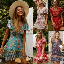 Dropshipping mujeres Vintage Vestido de manga corta con cuello pico de manga corta Boho Floral Mini Vestidos Mujer verano vacaciones Sundress