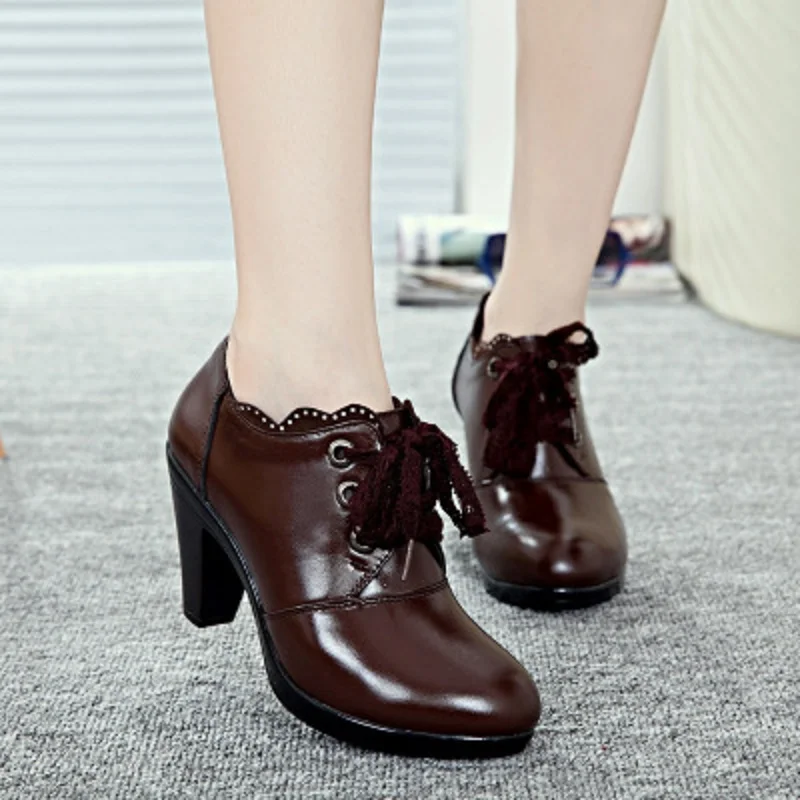 

2018 spring and summer new fashion women's high heels round lace shoes thick bottom solid color waterproof shoes wild