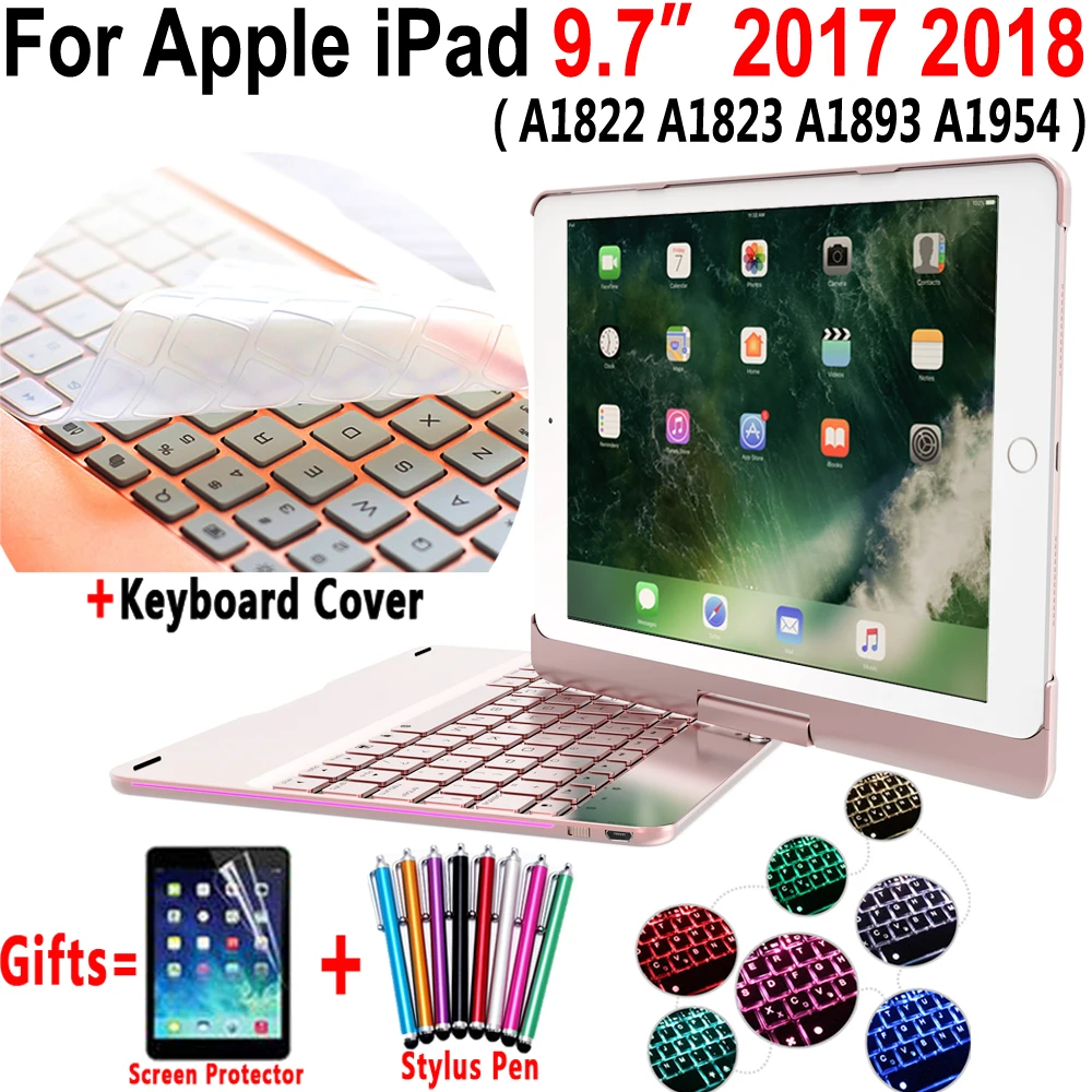 360 Degree Rotable 7 Colors Backlit Bluetooth Keyboard Smart PC Case Cover for Apple iPad 9.7 2017 2018 5th 6th Generation A1954