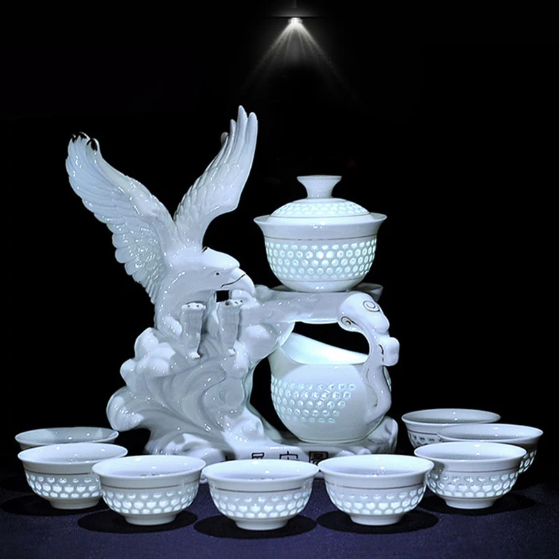 

11PCS/Lot Creative Automatic Chinese Kung Fu Tea Set Ceramic Porcelain Openwork Pu'er Teacup Fair Cup Gaiwan Base Creative Kit