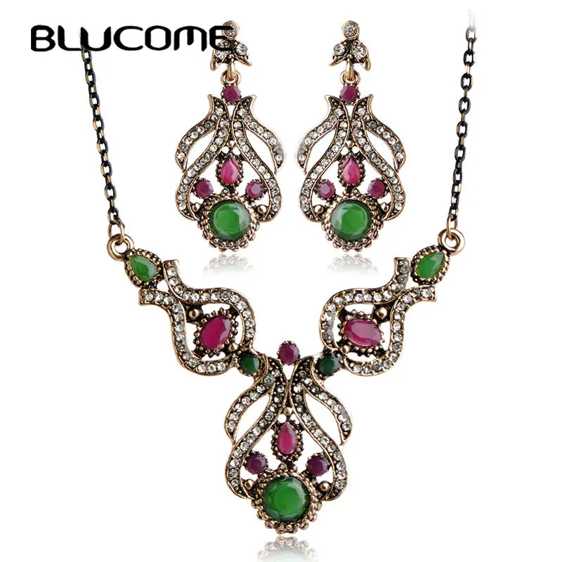 Blucome Turkish Statement Necklace Earring font b Set b font Retro Resin Crystal Wedding Bridal Flower