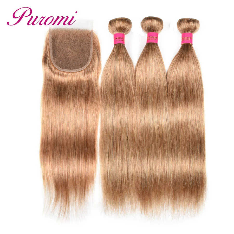 

Puromi Straight Hair with Closure Cheuveux Humain Honey Blonde Bundles With Closure Peruvian Hair 3 Bundles and Closure Non Remy