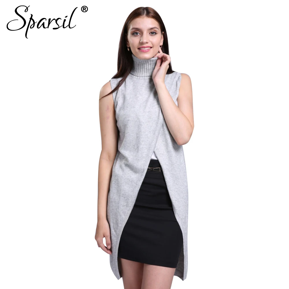 Sparsil Женский мягкий кашемировый свитер с высоким воротом, жилет без рукавов, короткое платье с разрезом спереди, модные пуловеры, трикотаж