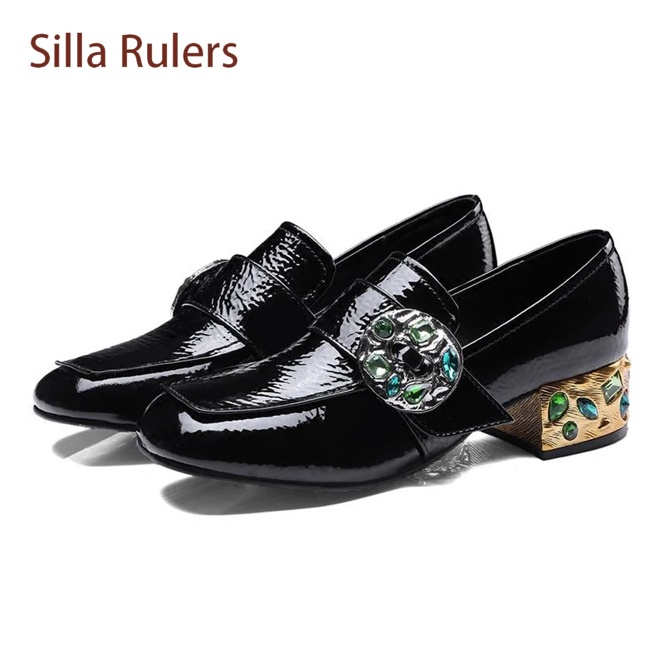

Silla Rulers spring new square toe patent leather shoes women luxury crystal stud med heel shoes rhinestones metal ladies shoes