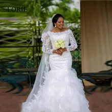 Vintage White Lace Mermaid Wedding Dresses Plus Size Scoop Organza Ruffles Sexy Long Sleeve Bridal Gowns 2017 Robe De Mariage