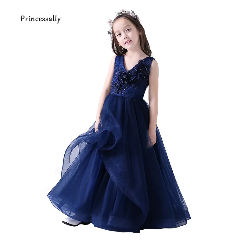 

New Navy Blue Flower Girl Dress Long Elegant Evening Party Gown For Kids Appliques Lace Beading vestidos De Primera Comunion