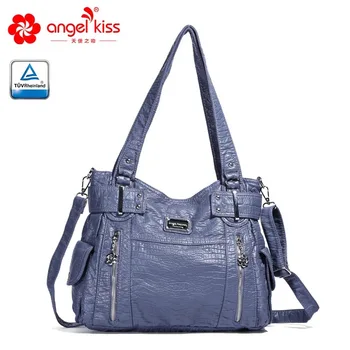 

Fashionable soft leather handbag large capacity square lady tote bag pure color soft washed PU leather