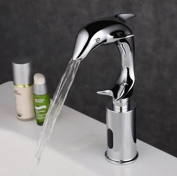 Bathroom Dolphin style sense faucet mixer, Toilet brass infrared sense faucet chrome plated, Copper automatic water sense faucet