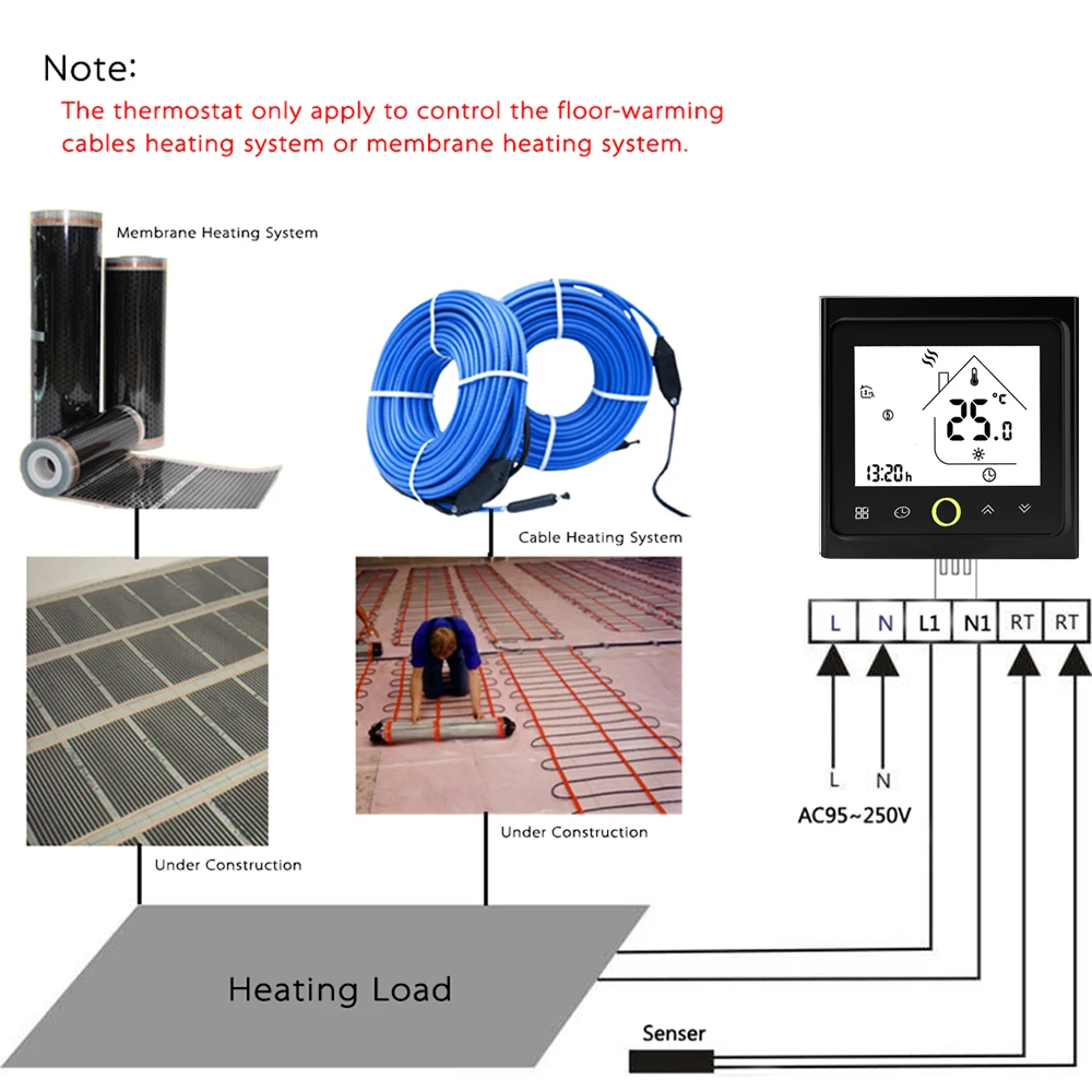 Modbus-통신 전기 난방 LCD 터치 NTC 센서, 16A, 프로그램 가능한 실내 온도 조절기