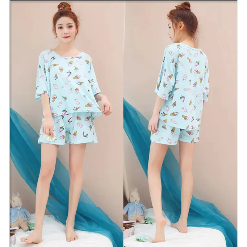 Ice Cream Pajama Set Women Pug Print 2 Pieces Set Crop Top + Shorts