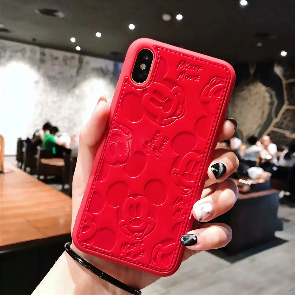 Phone - Cartoon Mickey Minnie Mouse Leather Case For iPhone 8 7 6 6S Plus X Xs Max XR 3D embossing Disneys Painting Soft leather Cover