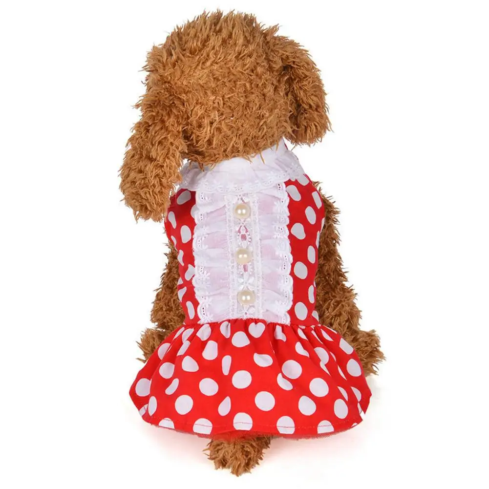 

Fashion Polka Dot Print Faux Pearl Lace Dog Cat Dress Sleeveless Pet Clothes