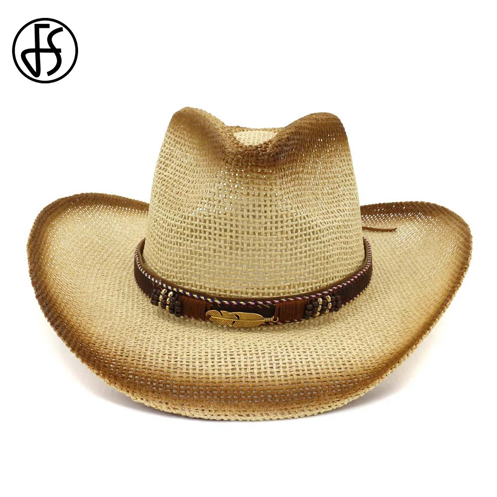 

FS Fashion Wide Brim Western Cowboy Straw Hats For Men Women Khaki White Unisex Jazz Fedora Trilby Hat Summer Sun Protection Cap