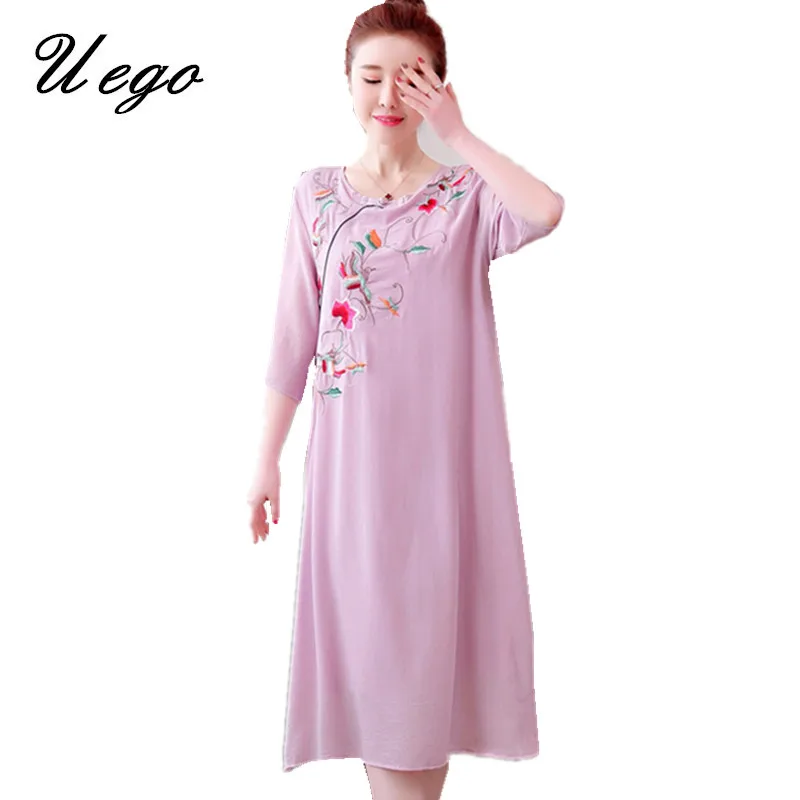 

Uego Fashion Embroidery Floral Chinese Style Dress Robes Soft Cotton Linen Loose Summer Dress 2019 Women Casual Midi Party Dress