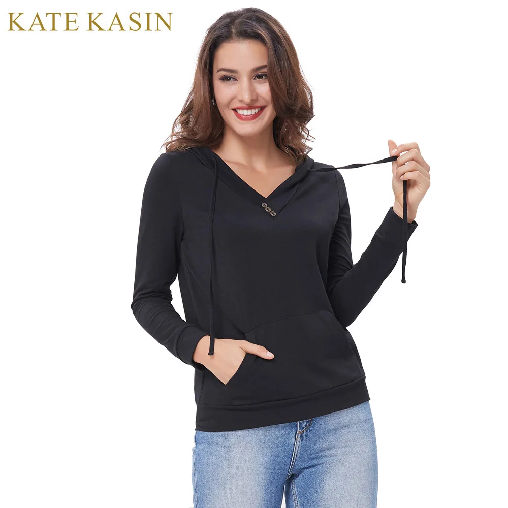 Kate Kasin Solid Long Sleeve Hooded 2017 Casual Pullover
