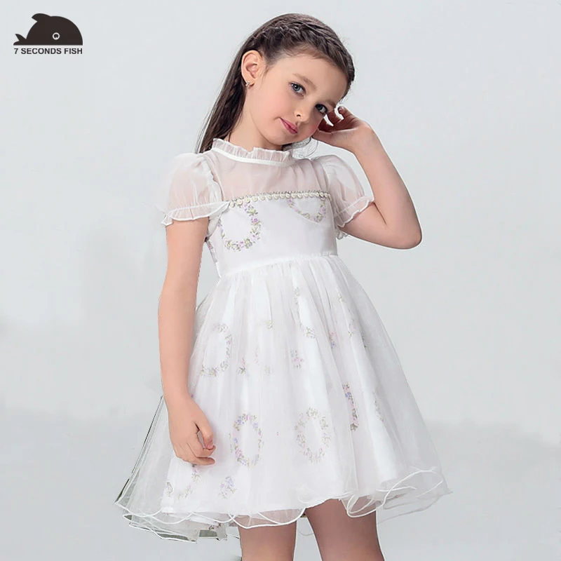 

girl clothes summer 2018 elegant dresses white Chiffon Beading Floral Girls vestidos Mesh Cute Brand Baby Children's Clothing
