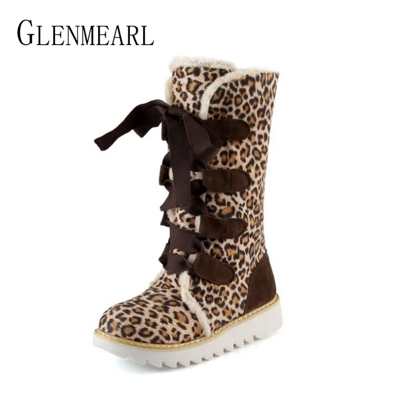 

Winter Shoes Woman Snow Boots Mid-Calf Leopard Platform Plush Warm Shoes Casual Slip On Round Toes Lace Up High Boots Female