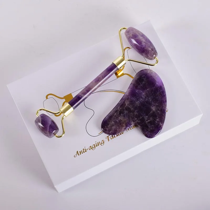 Natural Amethyst Jade Roller Cellulite Massage Slimming Face Massager Lifting Facial Roller Stone Wrinkle Removal Beauty Device - Цвет: 2 pieces gift boxes