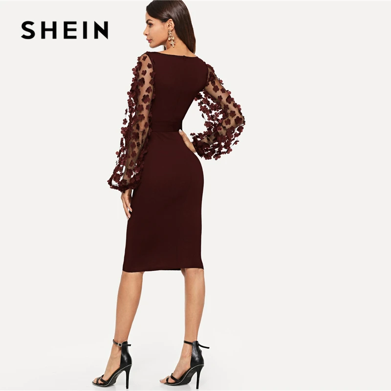 SHEIN Облегающее Платье С Оригинальным Рукавом, Платье С Цветочной Аппликацией, Однотонное Миди Платье