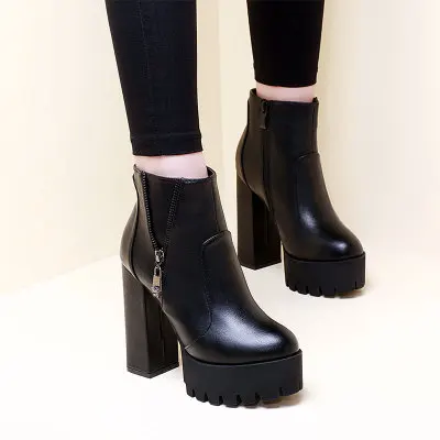 

2018 Women High Heels Boots leather Zipper Chunky Heels black Women Ankle Boots sexy laides boots shoes