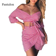 Pantalon Women's Suit Checker Board Plaid Suits Off-shoulder Two Piece Set Flare Sleeves Drawsring Top Short Mini Skirt Roupas Pantalon Women's Suit Checker Board Plaid Suits Off-shoulder Two Piece Set Flare Sleeves Drawsring Top Short Mini Skirt Roupas